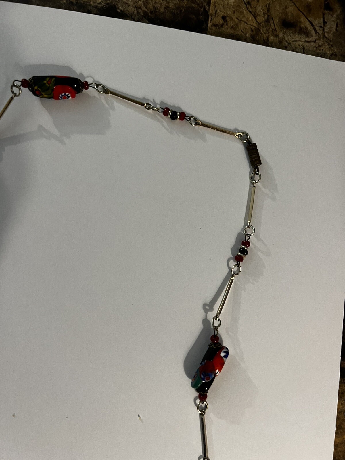 Vintage Rectangular Millefiori Bead & Gold Tone Bar Link Chain Station Necklace