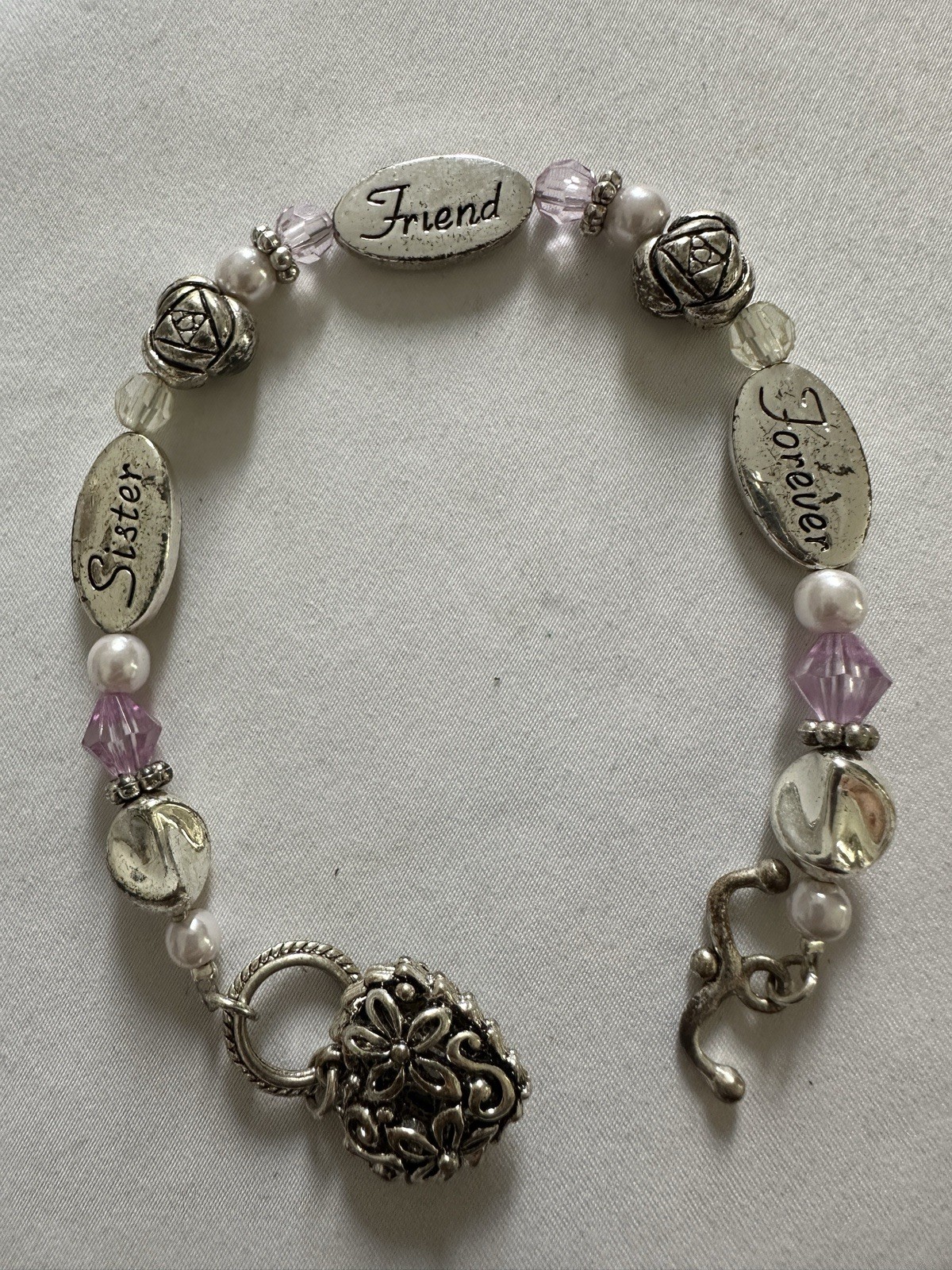Vtg Sister Friend Forever Bracelet Faux Pearl Floral Filigree Heart Charm Rose