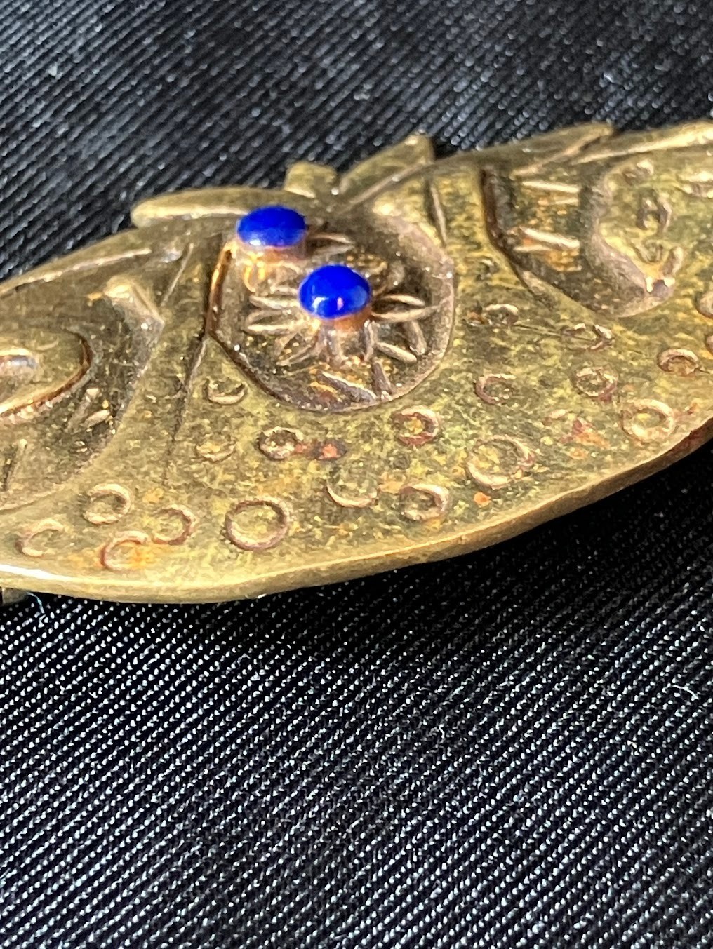 Vintage Leopard Brass Brooch Safari Jungle Lapis Lazuli Gold Wash Artisan Pin