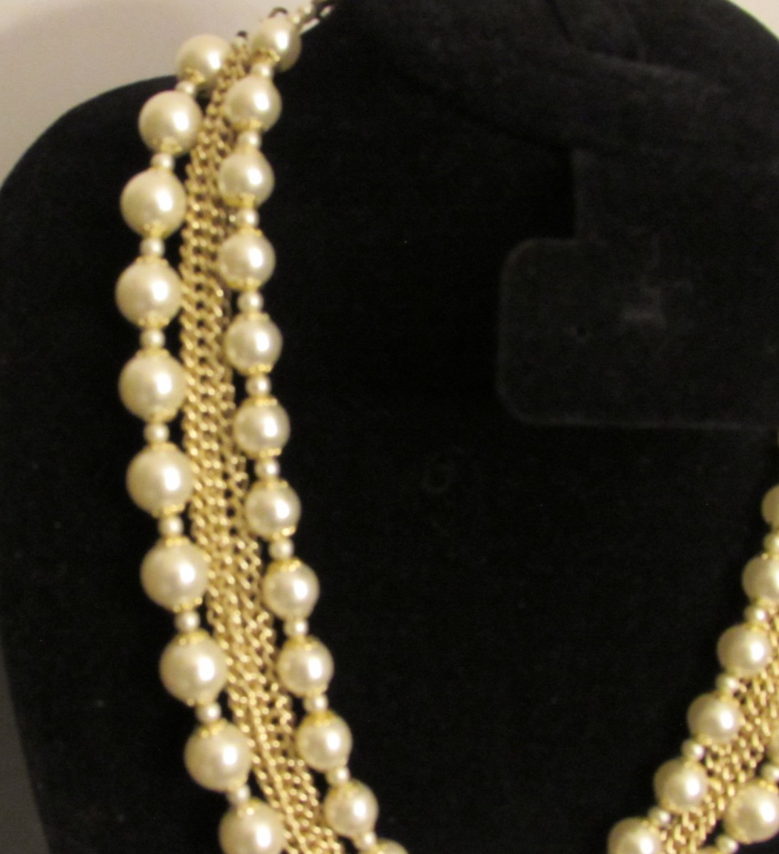 Multi Strand Choker with Faux Pearl Beads and Silver Tone Chains