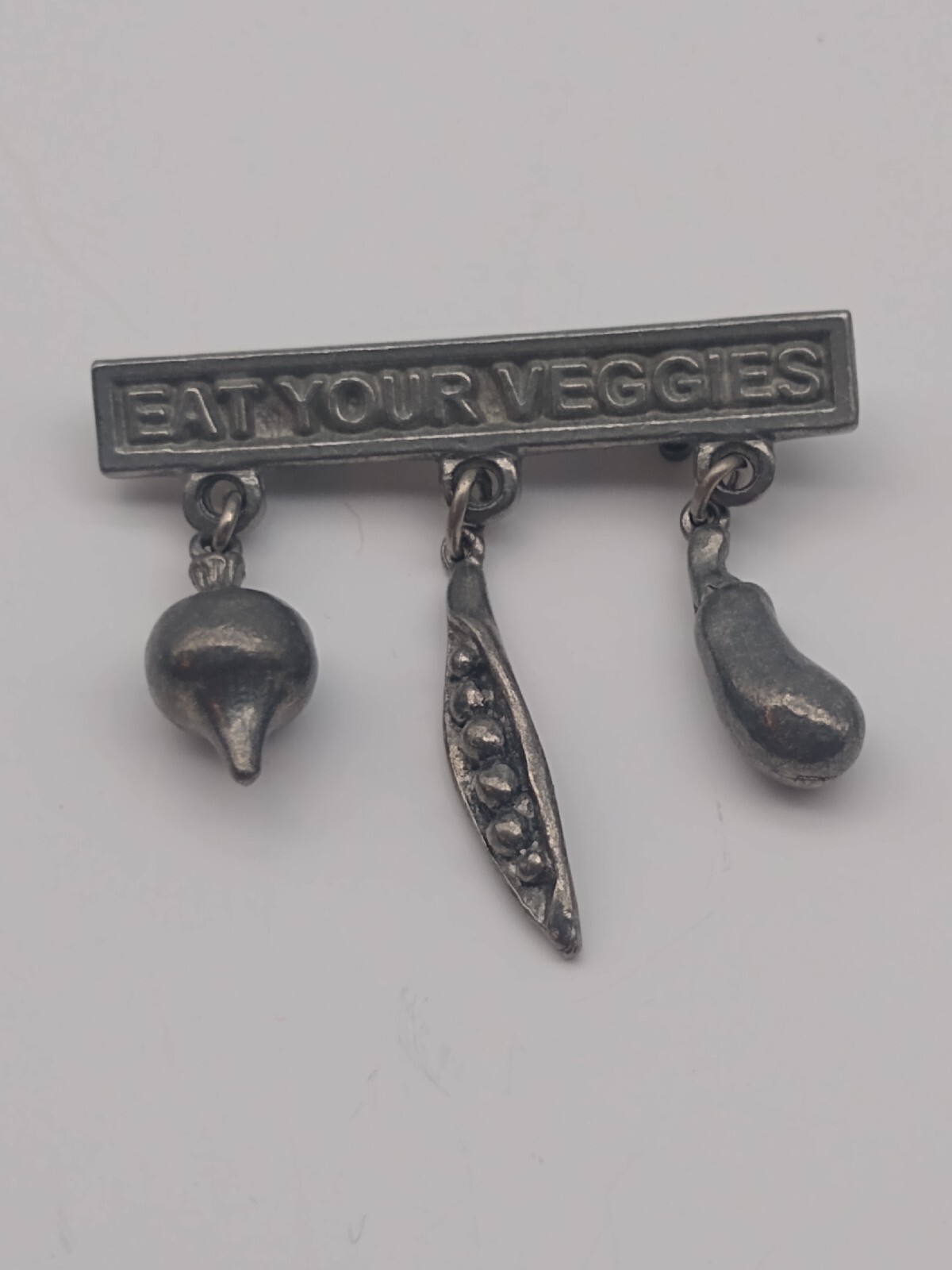 1980s Jim Clift Pewter Lapel Pin Brooch “Eat Your Veggies”