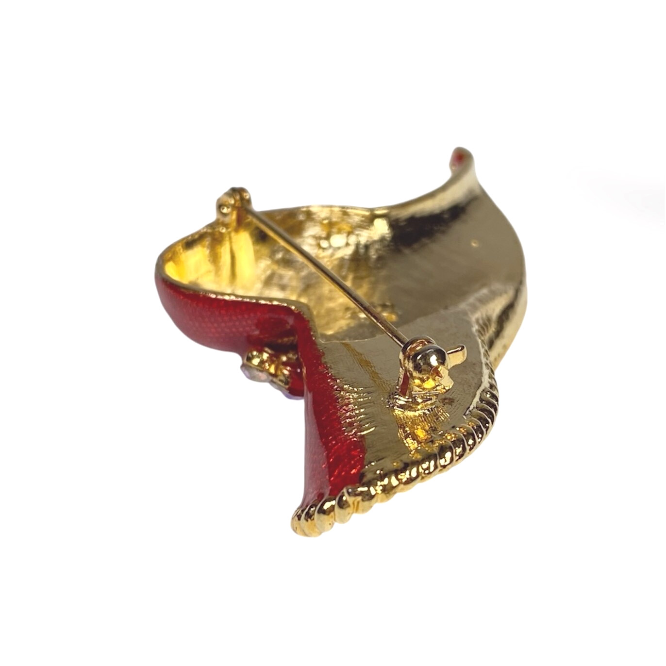 Vintage Red Hat Brooch Aurora Borealis Gold Tone Rhinestone Flower Enameled Pin