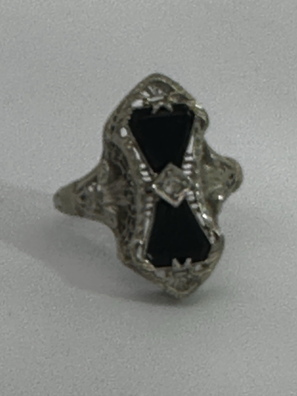 Vintage 14k White Gold Estate Onyx Diamond Ring Filigree Art Deco