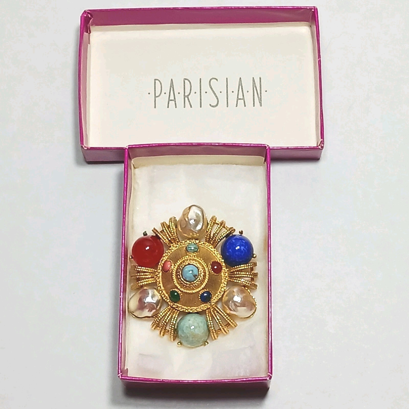 Brooch Ruby Sapphire Turquoise Cobochons Baroque Faux Pearls GT Vintage Signed