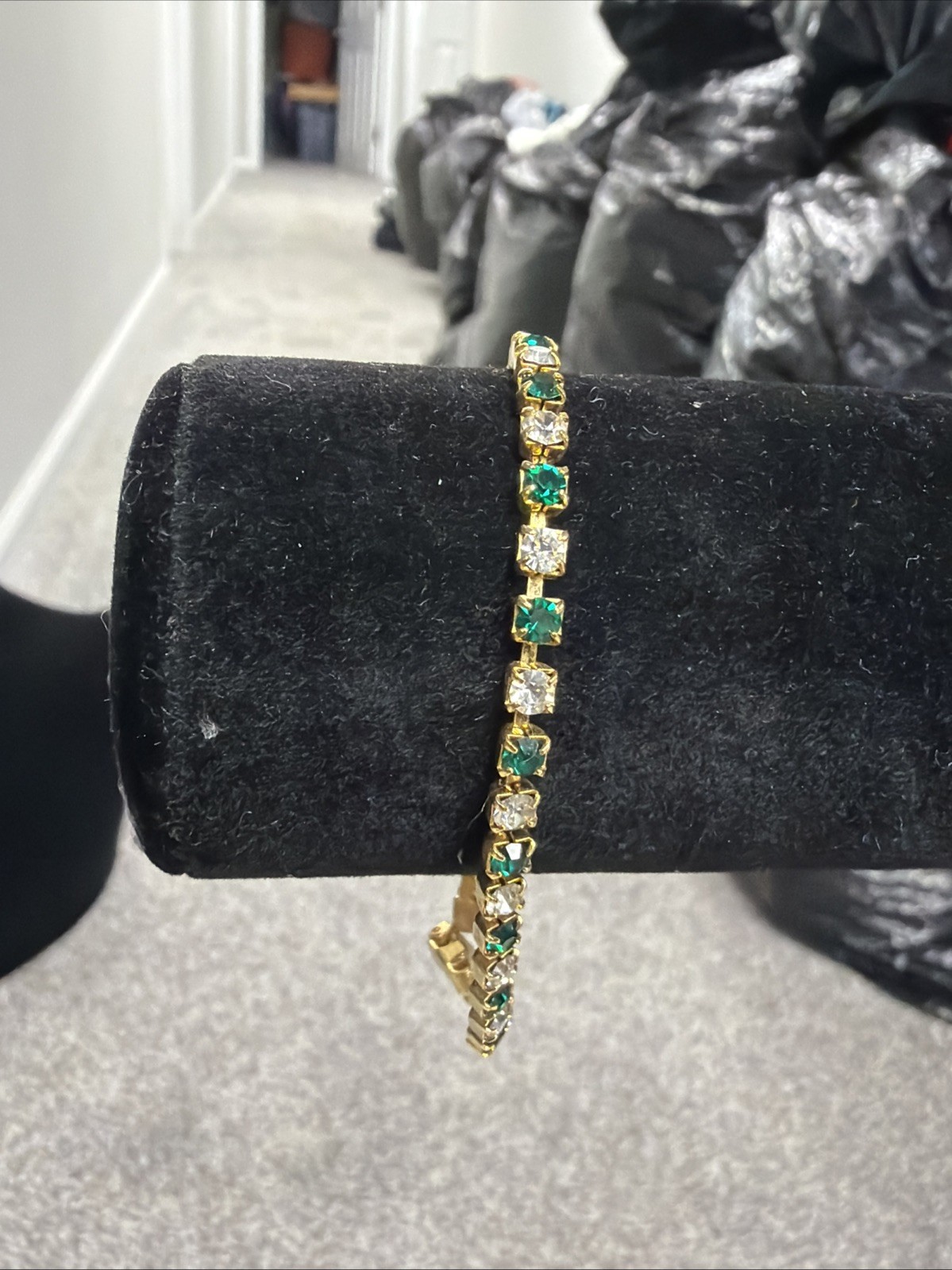 Vintage Eternity Alternating Emerald and Crystal Gold Plated 6.5” Bracelet
