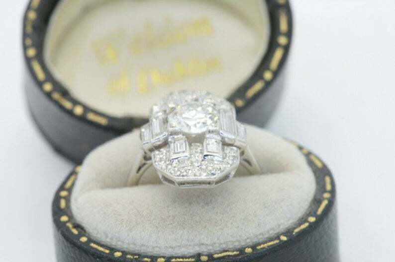 Art Deco Cluster Round Lab-Created Diamond Engagement 14K White Gold Finish Ring