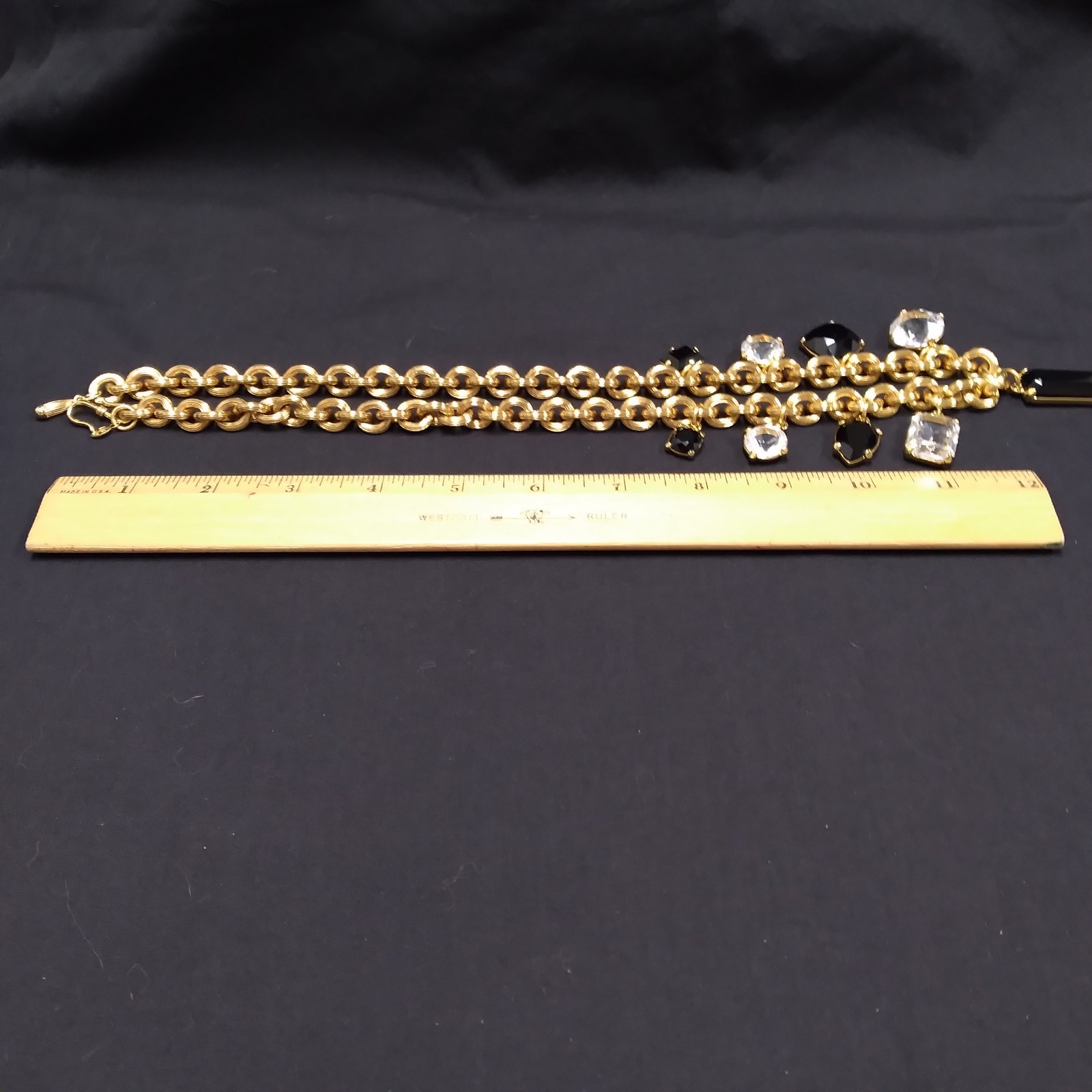 Monet Gold Tone Chunky Necklace with Clear and Black Crystal Charms