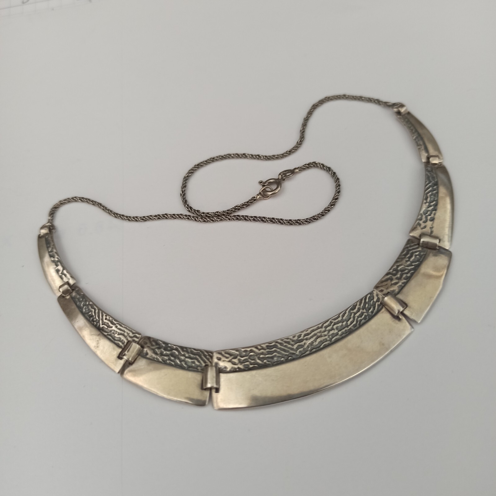 VTG Silver Artisan Necklace Modernist Articulated Links Textured Bib 90s Gift
