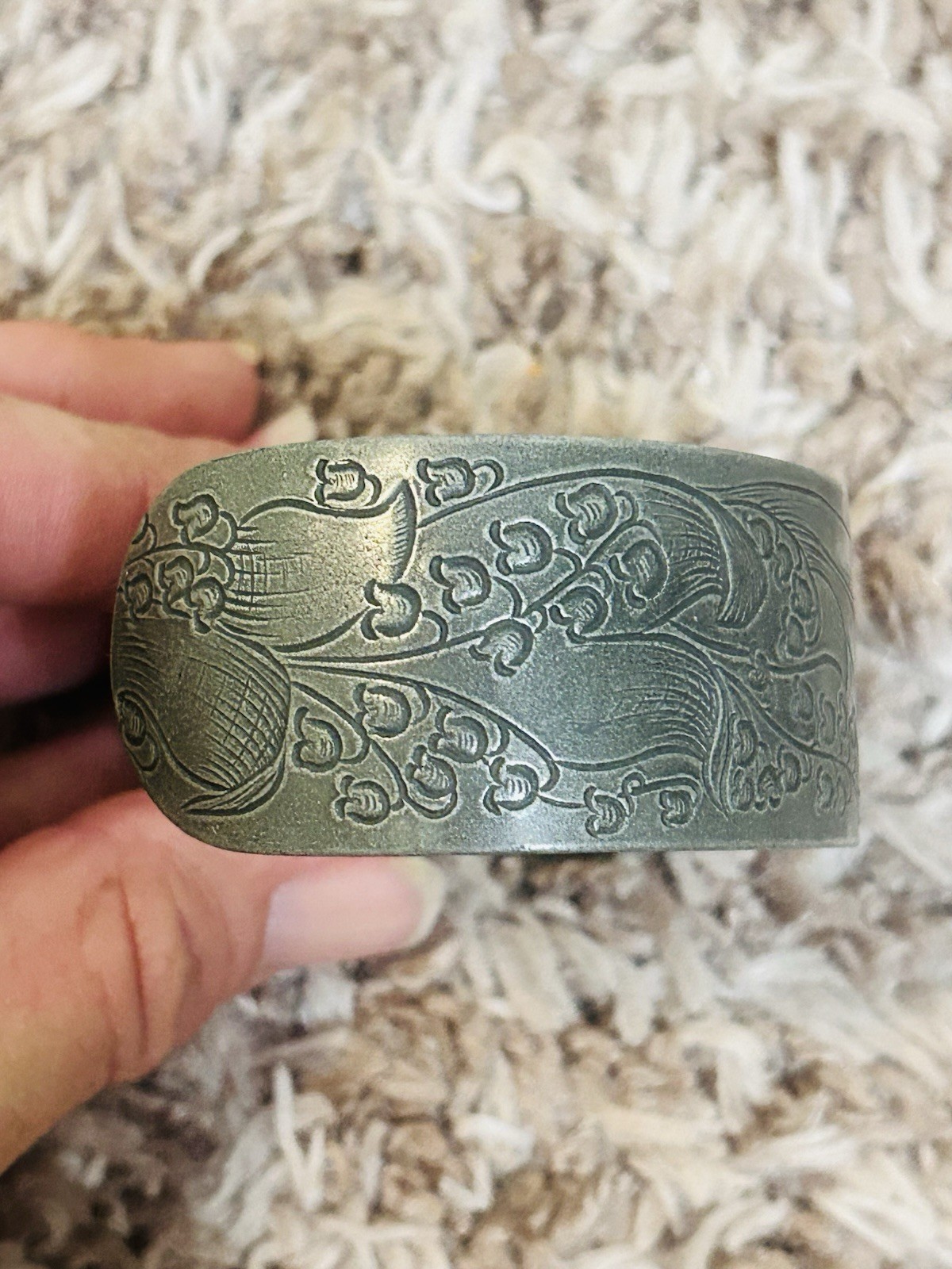 Vintage Salisbury Pewter Cuff Bracelet Floral Design Month Of May Engraved