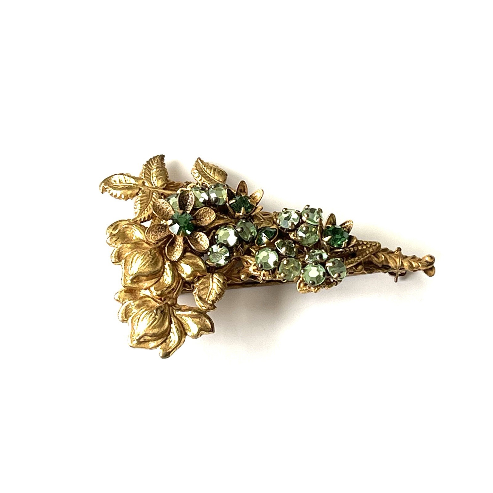 VTG Miriam Haskell Bar Brooch Green Rhinestone Floral Filigree Goldstone Signed