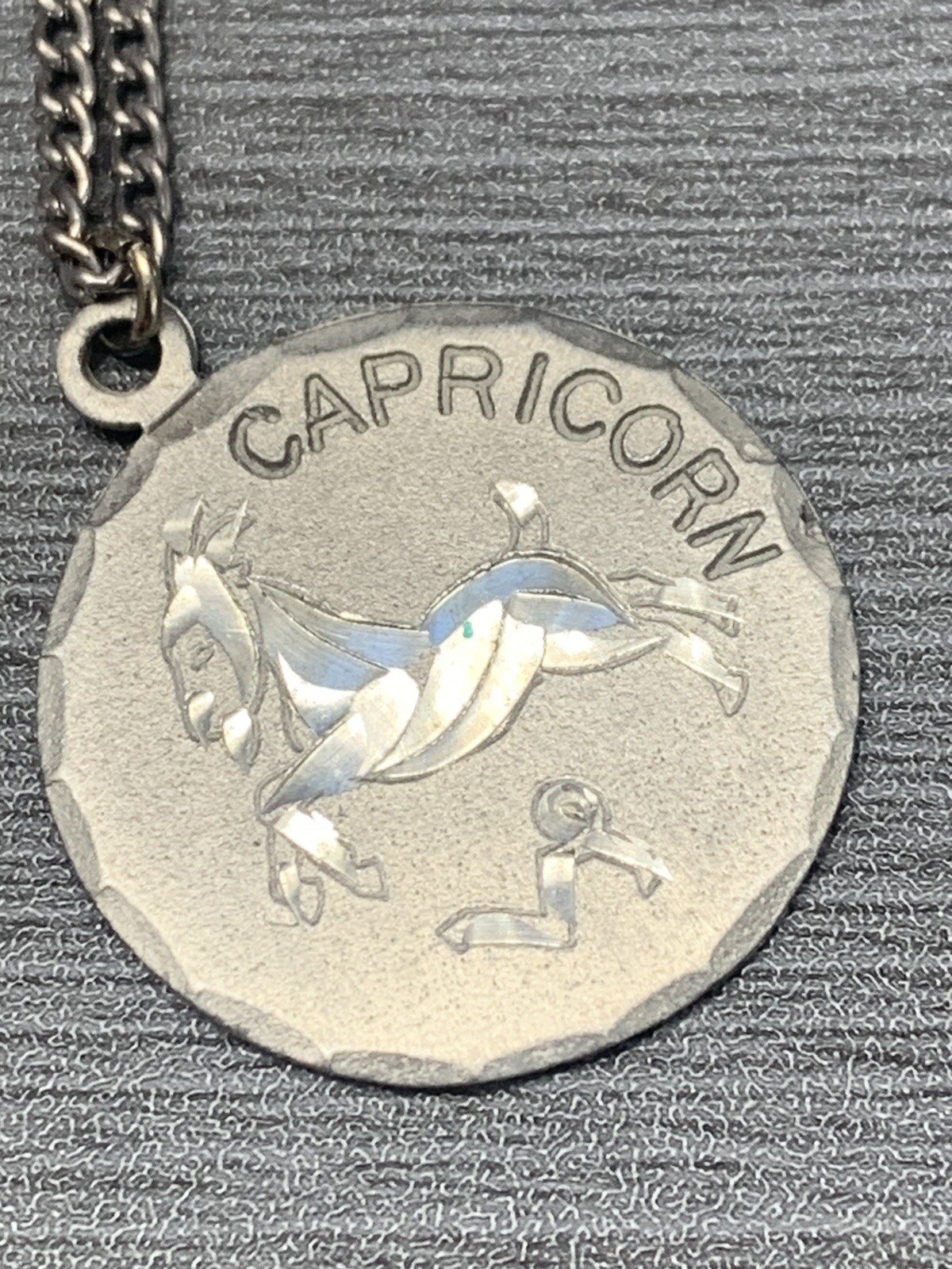 Vintage Pewter BDA Zodiac astrology Capricorn Engraved Pendant Necklace 18”