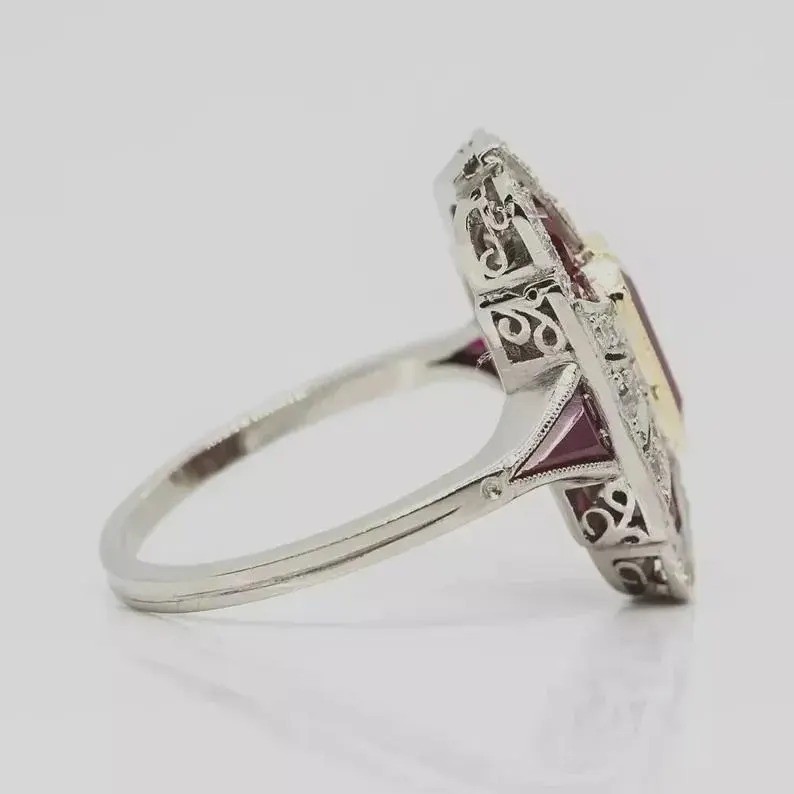 Art Deco 4CT Emerald Cut Real Ruby Vintage Wedding Ring 14K Two-Tone Gold Finish