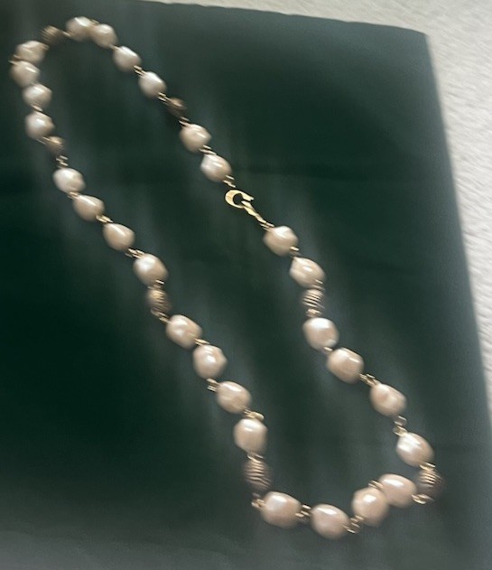 Vintage Baroque Pearl & Molded Brass Bead Necklace Style Of 60s-80s Valentino