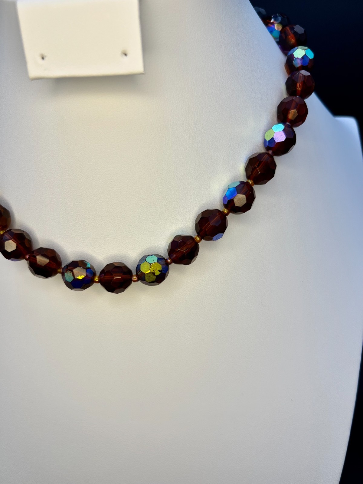 Vintage Aurora Borealis Glass Bead Necklace 17–18″ Red Brown Faceted Beads 1980s