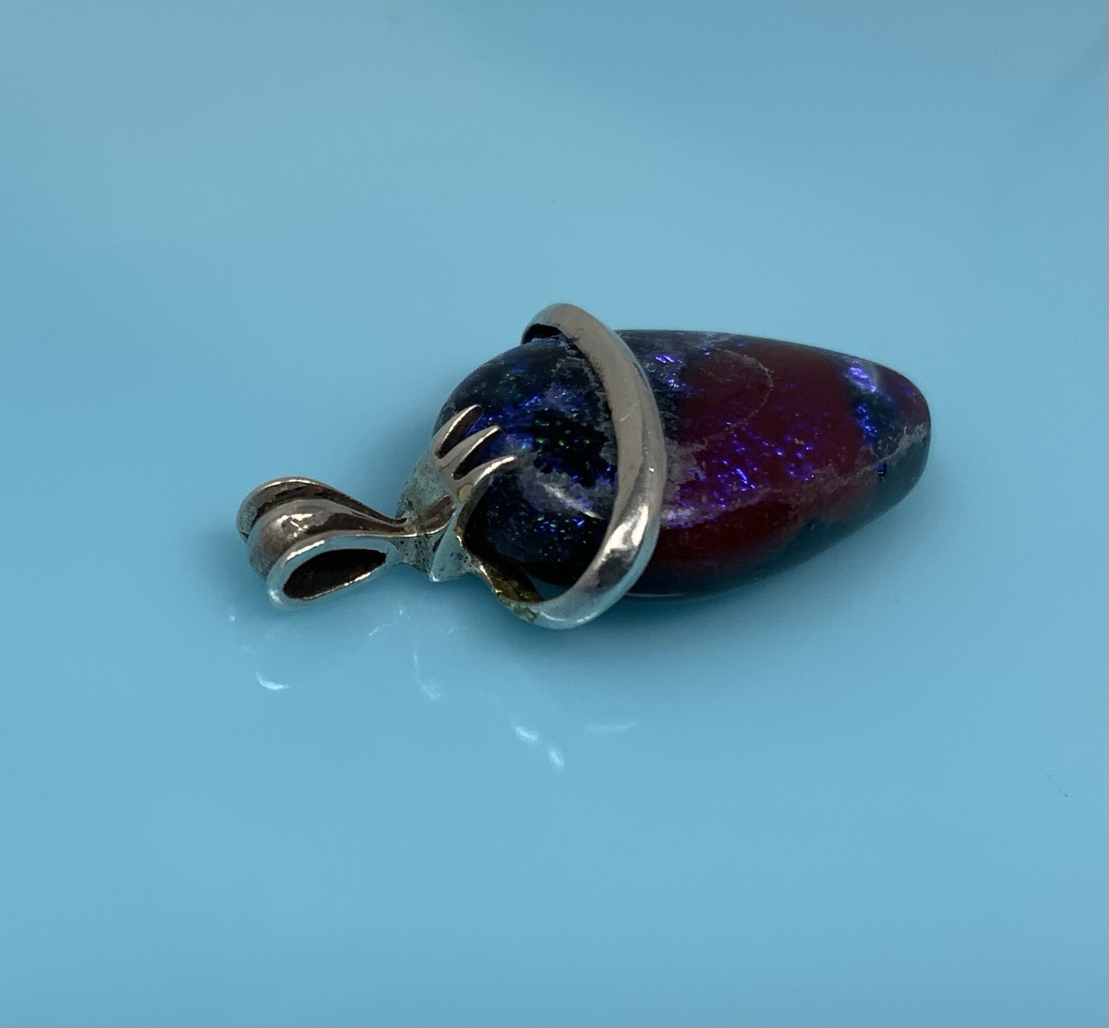 Sterling Silver Necklace Purple Blue Iridescent Dichroic Glass Pendant 5.1g
