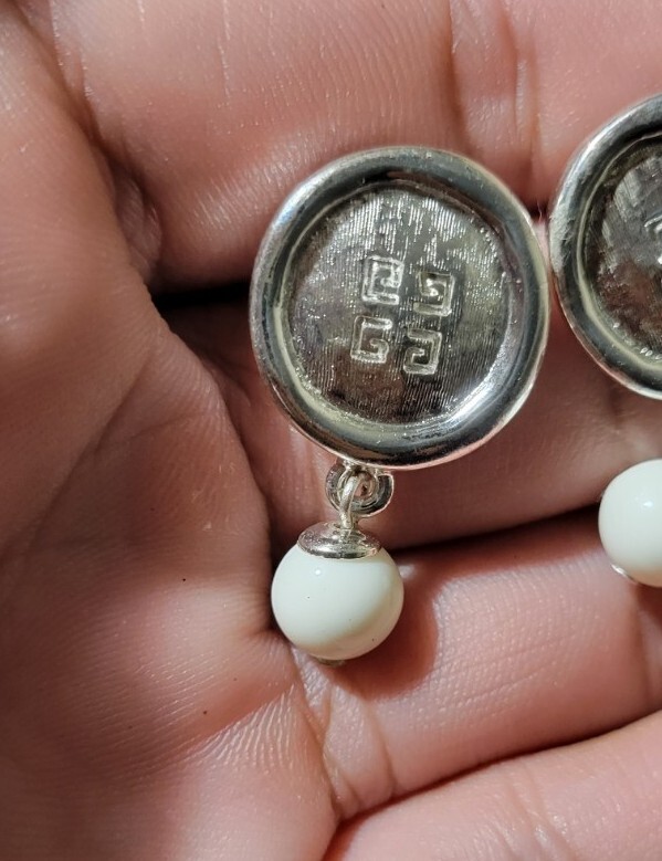 Vintage Givenchy Signed Logo Silver Tone with White Ball Pierced Dangle Earrings