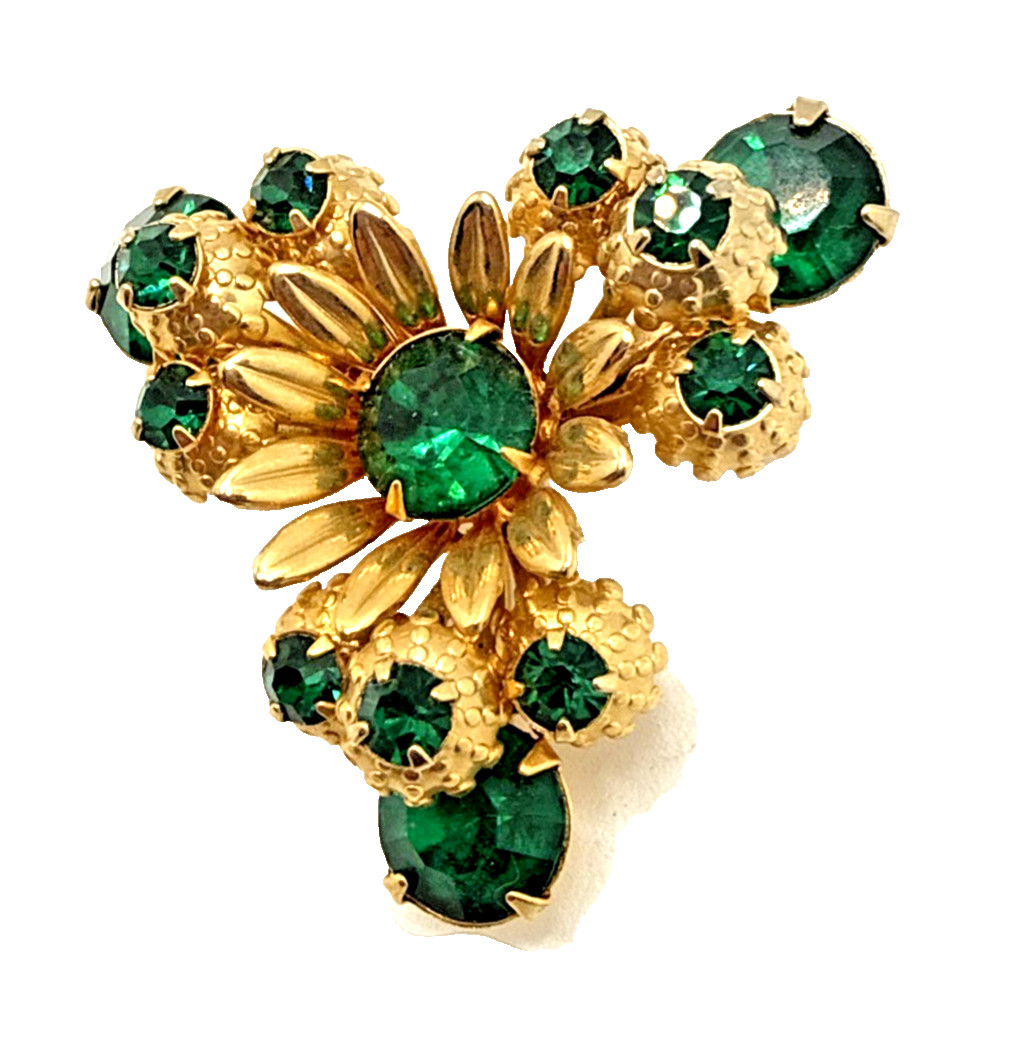 Vintage Emerald Green Rhinestone Flower Brooch Gold Tone Layered Floral MCM Pin