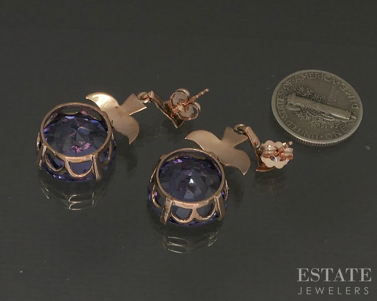 Antique 9k Rose Gold 15mm Color Changing Sapphire Dangle Earrings 8.4g p23202