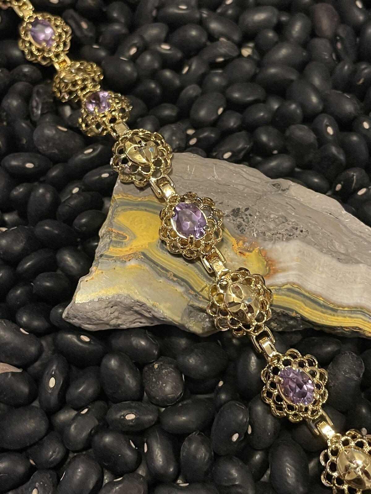 Sterling Silver Gold Vermeil Purple Amethyst Etched Open Work Tennis Bracelet