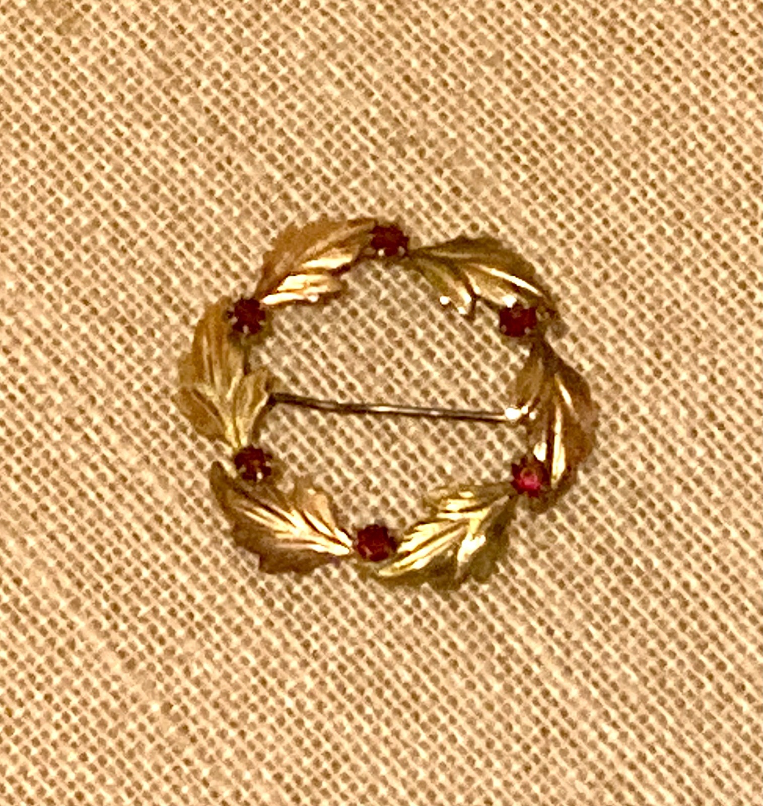 Vintage Gold Filled Brooch Leaf Wreath Red Rhinestone Signed CT