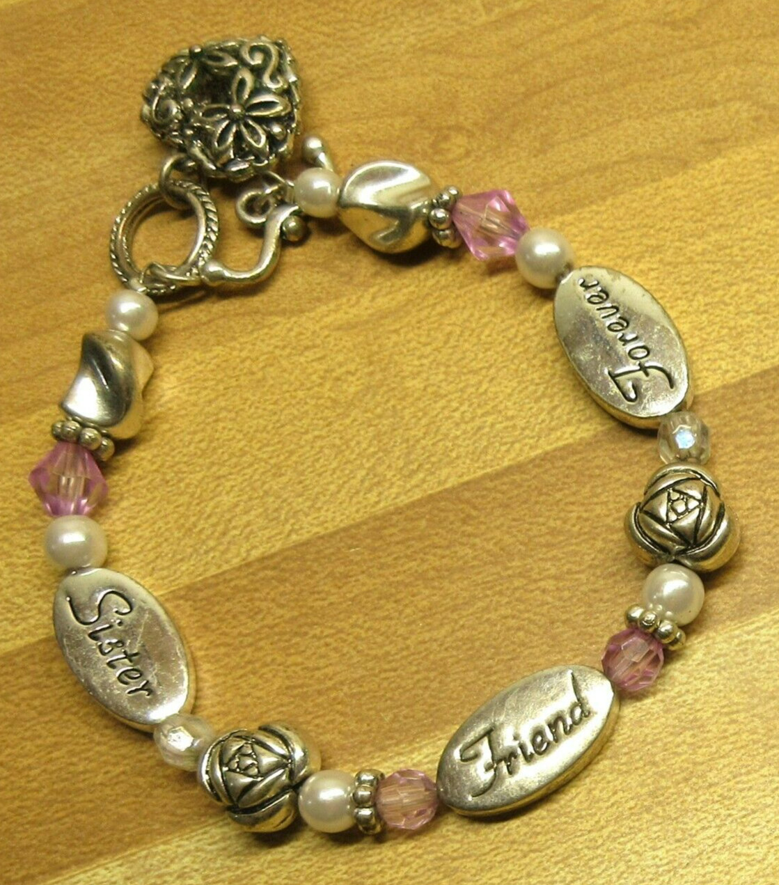 VTG SISTER HEART FLOWER CHARM Black silver tone pink cream faux pearl Bracelet