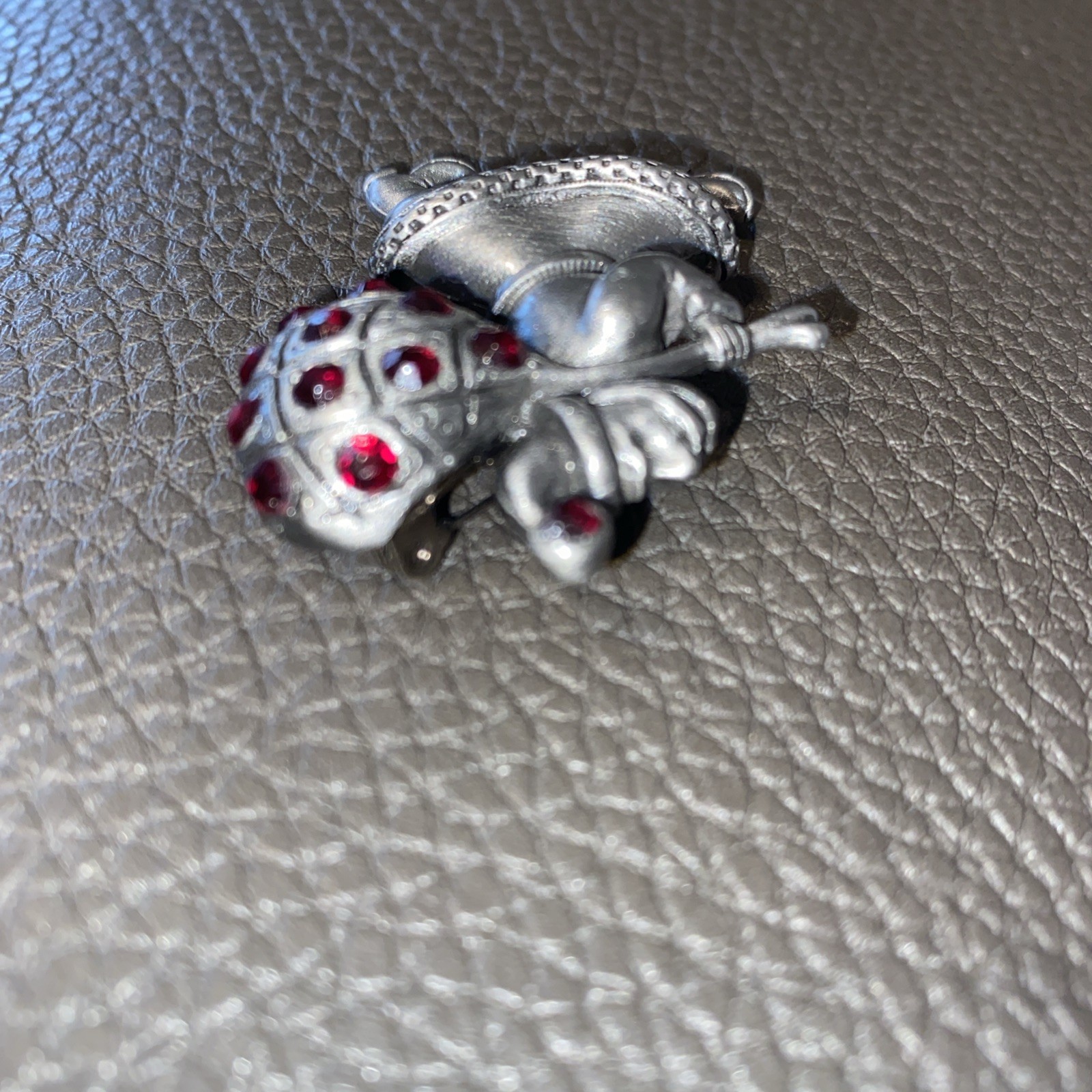 Vintage 1940’s Elf w/ Lattice Sack Brooch – Red Rhinestones Pewter Excellent