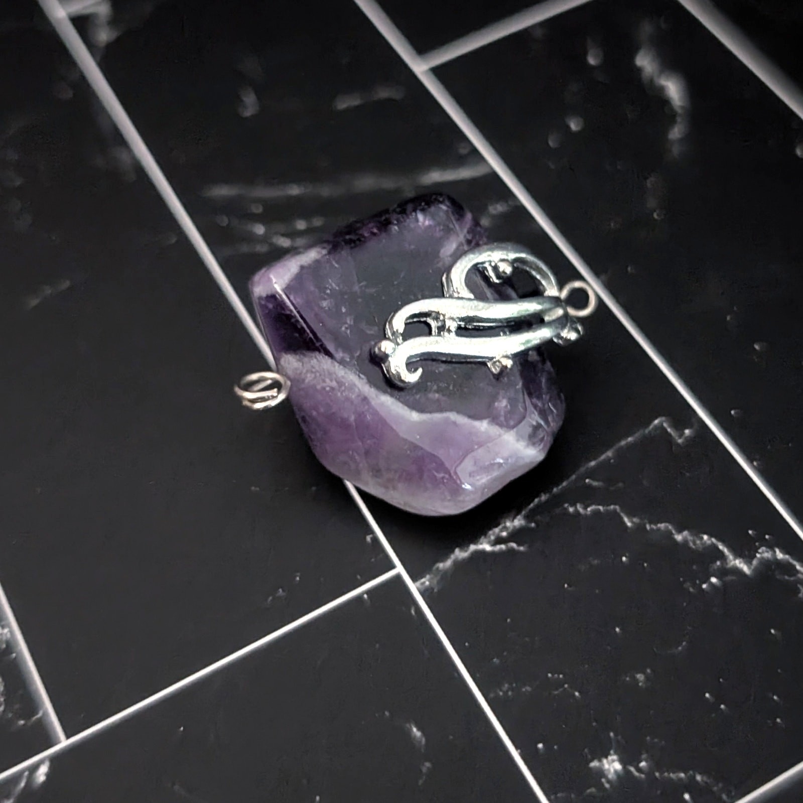 Vintage Pendant Raw Purple Stone with Silver Tone Accent – No Chain Included
