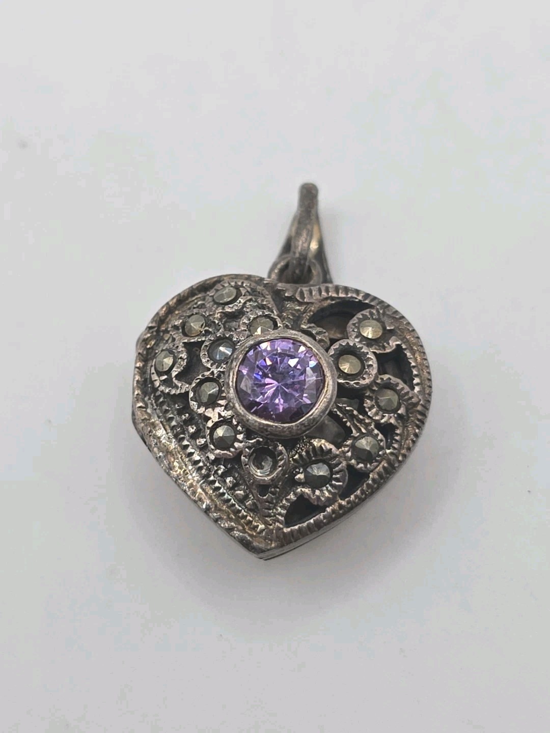 Vintage Sterling Silver 925 CW Amethyst Marcasite Heart Locket Pendant 6g