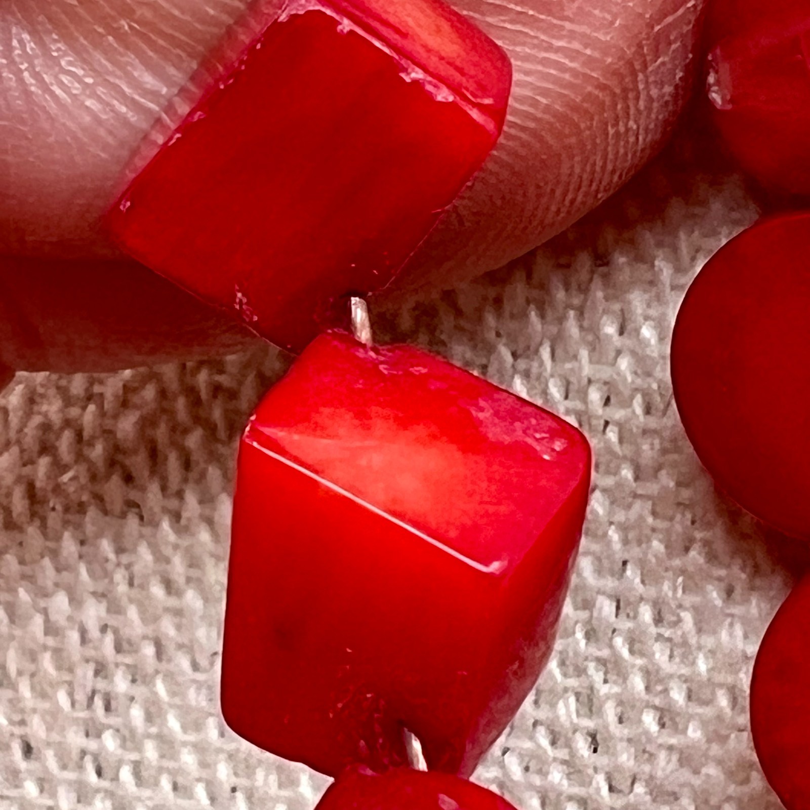 Vintage Natural Red Coral Necklace Double Strand Choker Disc Cube Beads 16″