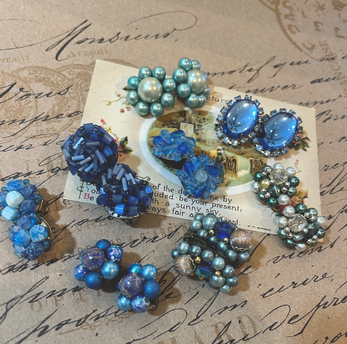 Vintage Clip-on Earring Lot of 8 Pairs Blue Tones Pretty!