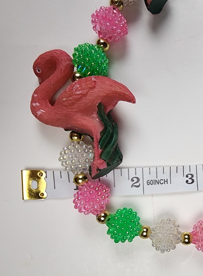VTG Pastel Resin POPCORN Beaded Flamingo Necklace Pink Green FUN witty Wear