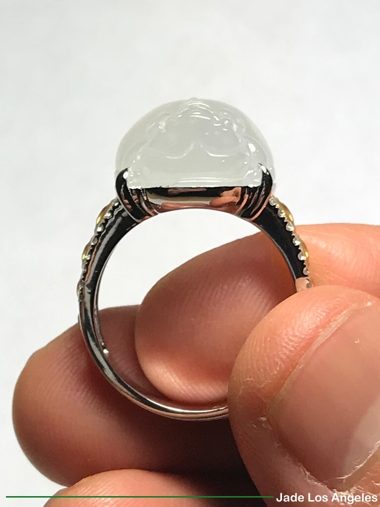 Pi Xiu Pixiu Icy Jadeite Jade 18K White/Rose Gold Diamond Ring 45ct Size:7.5