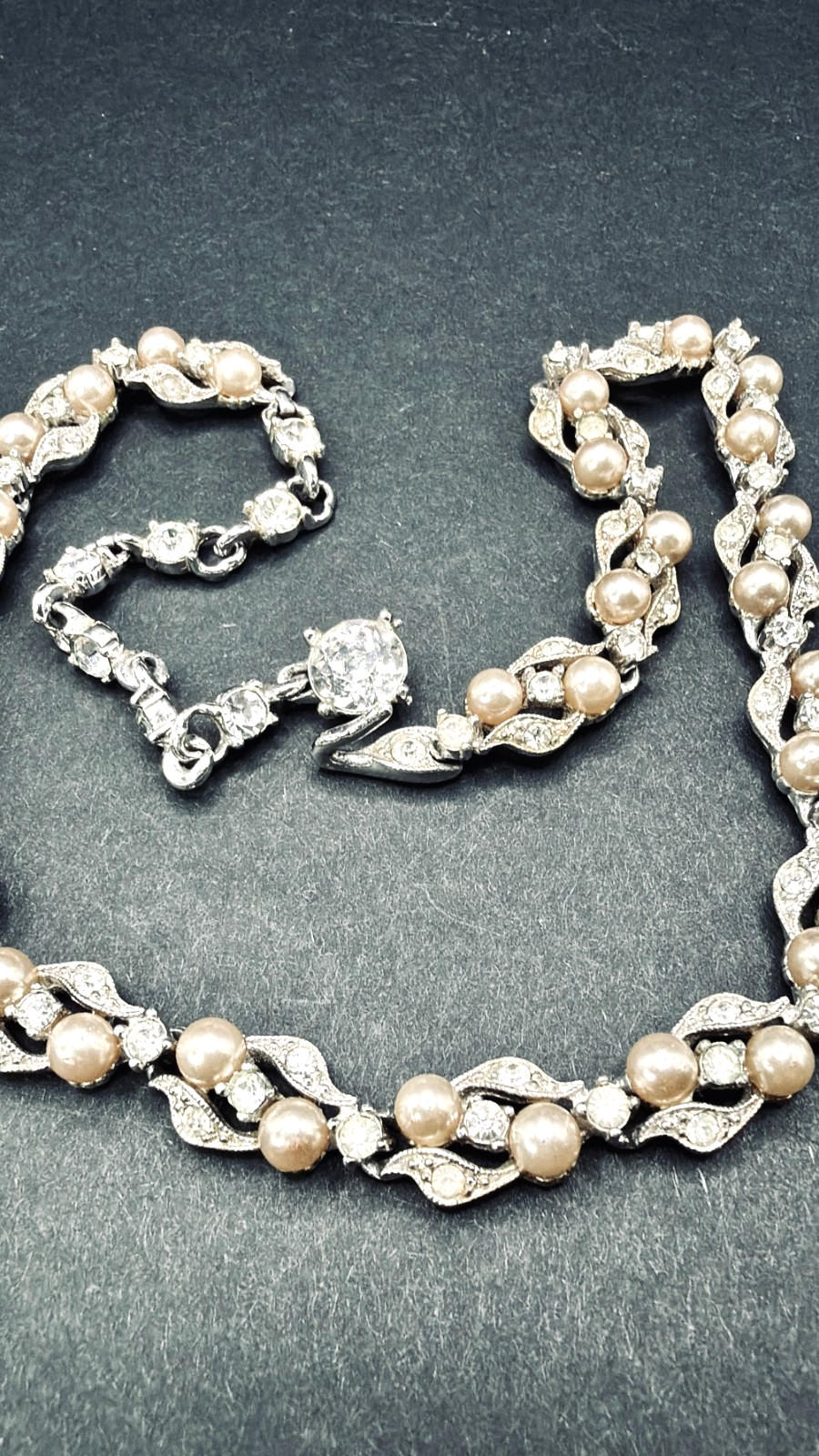 Vintage Bogoff Off White Pearl & Crystal Choker Necklace, Rhodium Plated, 1950s