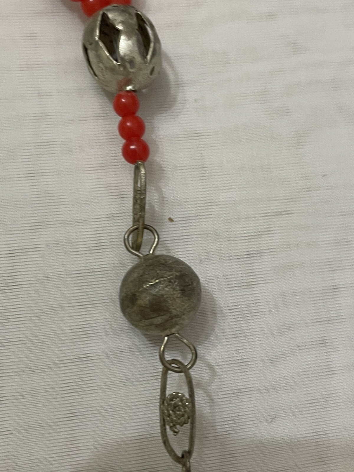 Vintage Guatemalan 26” Silver Coin Chachal Necklace With Red Glass Trade Beads