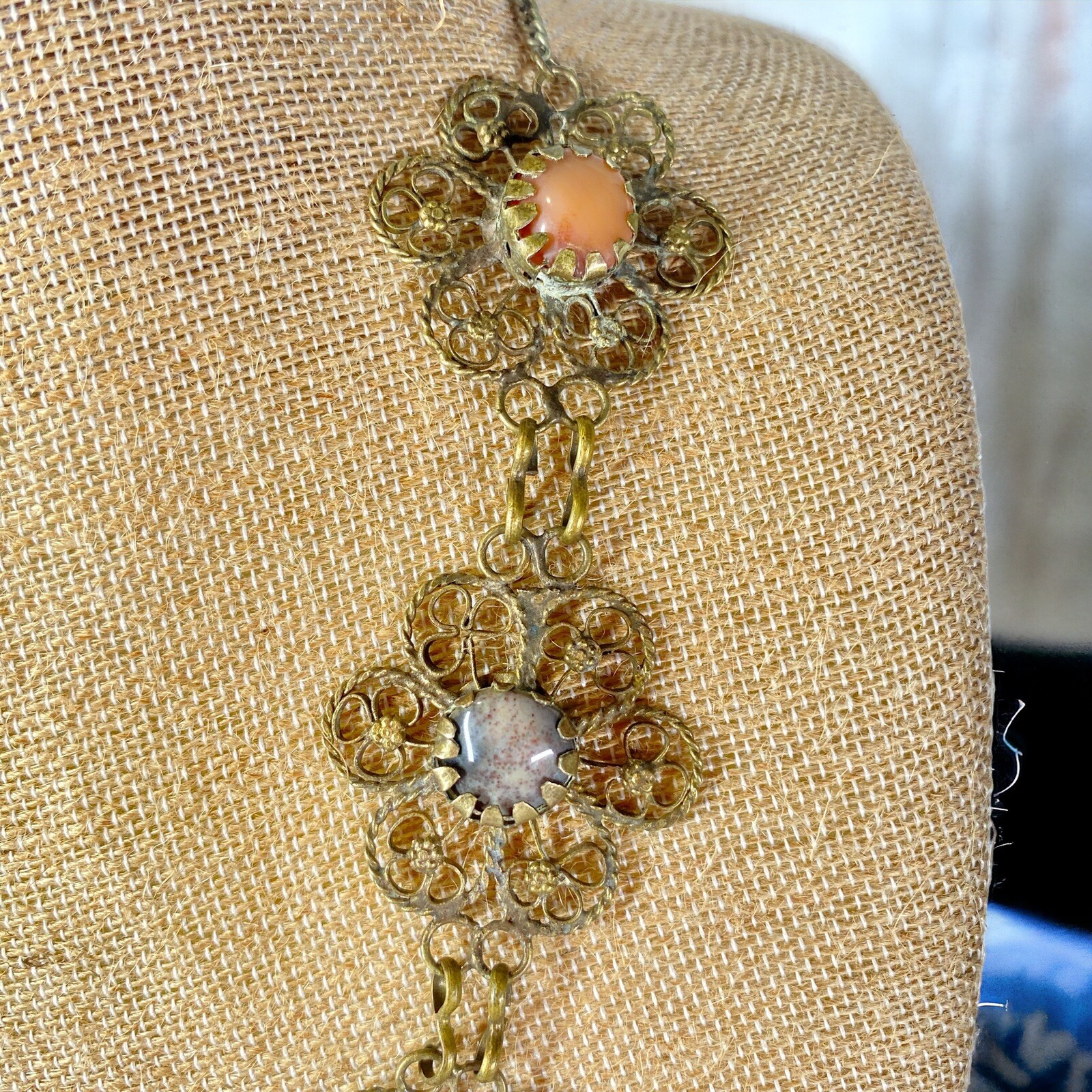 Vintage Handmade German Silver Filigree Semi Precious Stones Statement Necklace