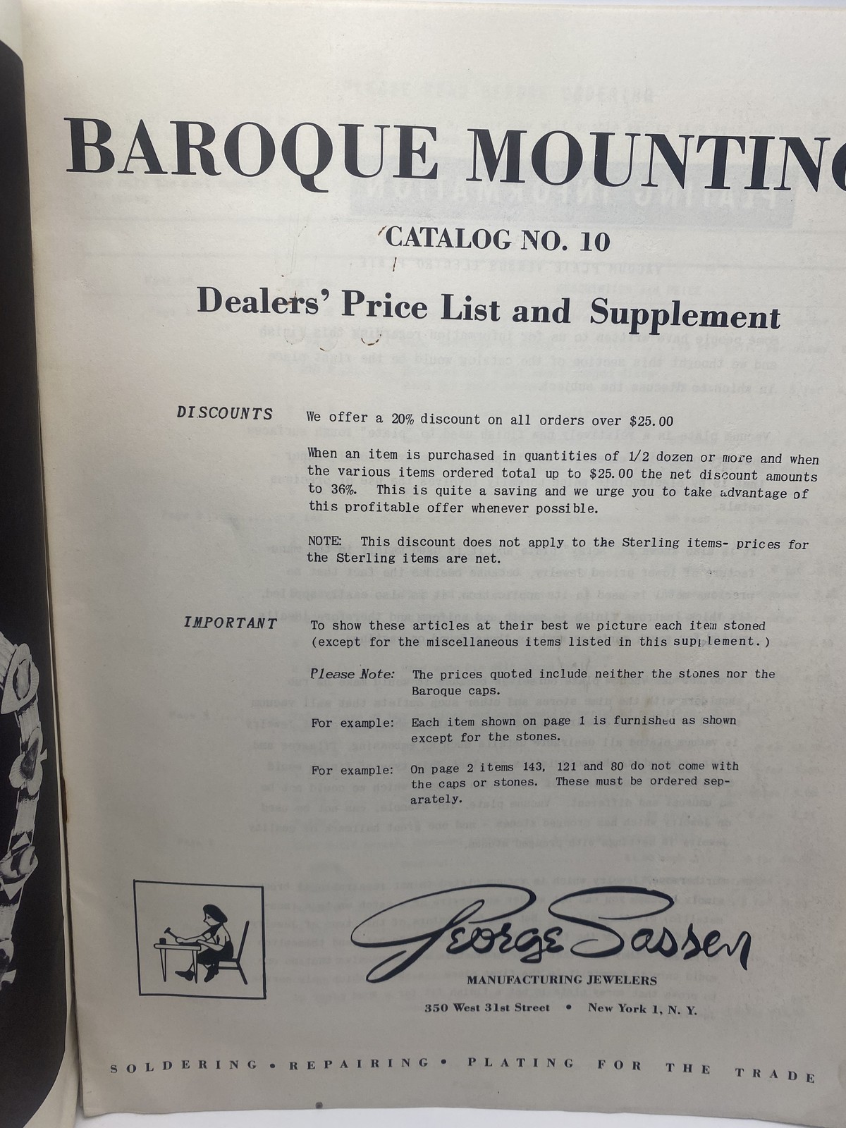 Vintage George Sassen Baroque Jewelry Catalog No. 10 Price List 1950s New York
