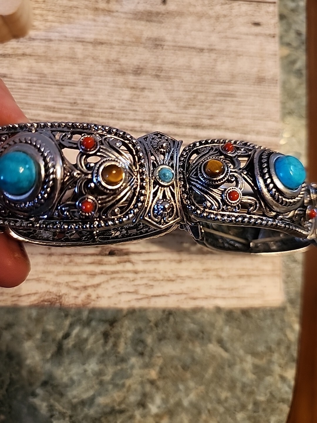 XL Graziano Bracelet Faux Turquoise and Red Bead Silvertone Stretch Band Vintage