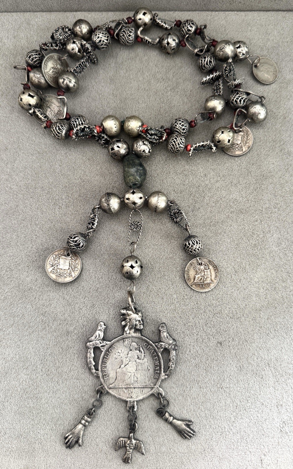 Vintage GUATEMALA 1894 Silver COIN NECKLACE Chachal MILAGROS Animal Charms Beads