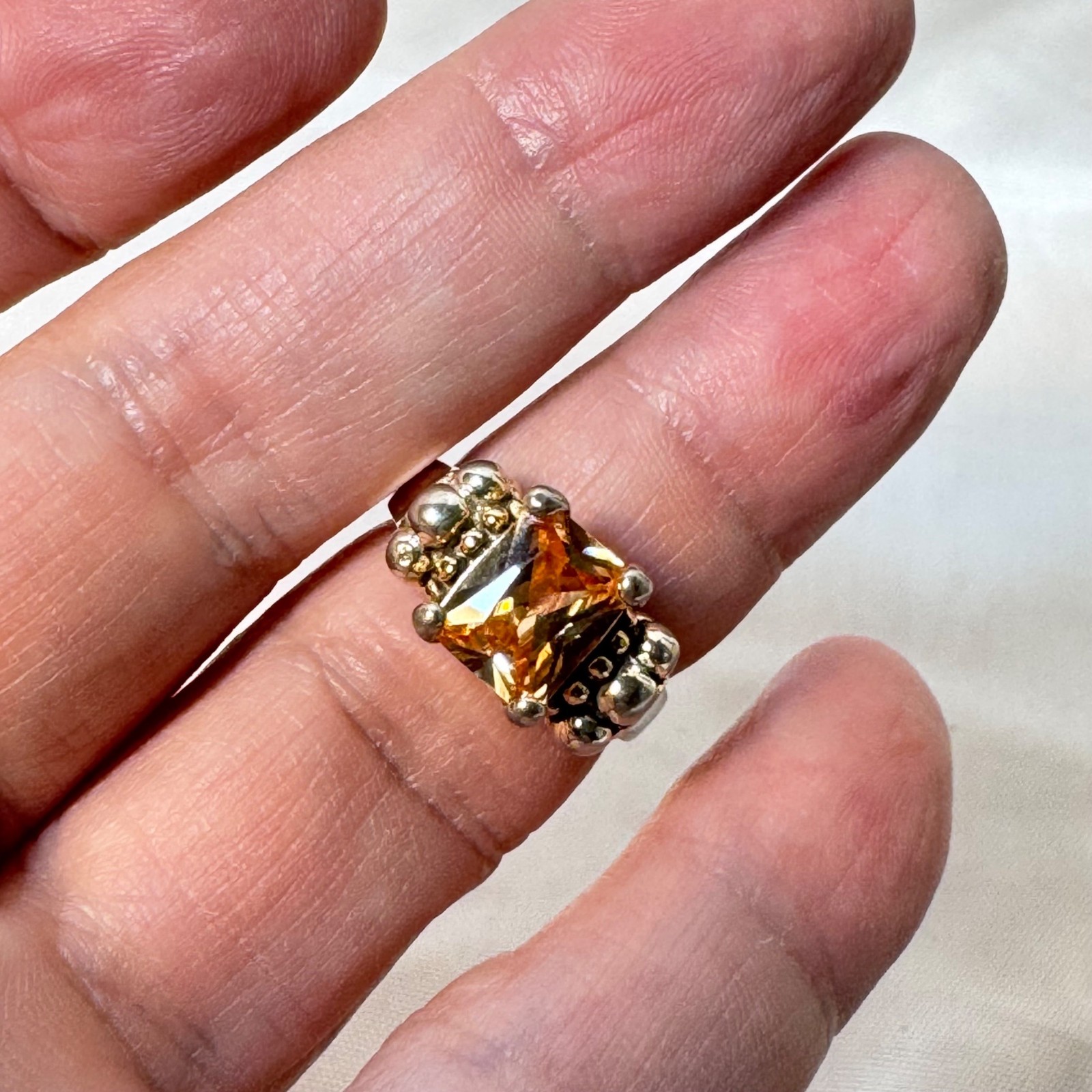 Emerald Cut Peach CZ Beaded Tapered Shoulders VTG Sterling Silver 925