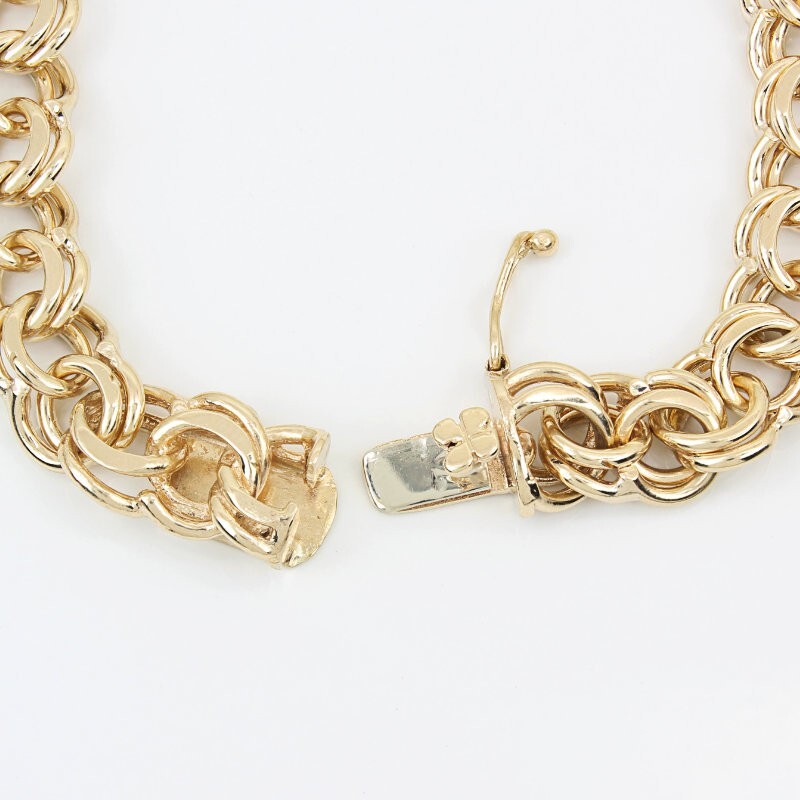 14KYG Vintage 1960’s Double Link Rolo Charm Bracelet- Clover Clasp