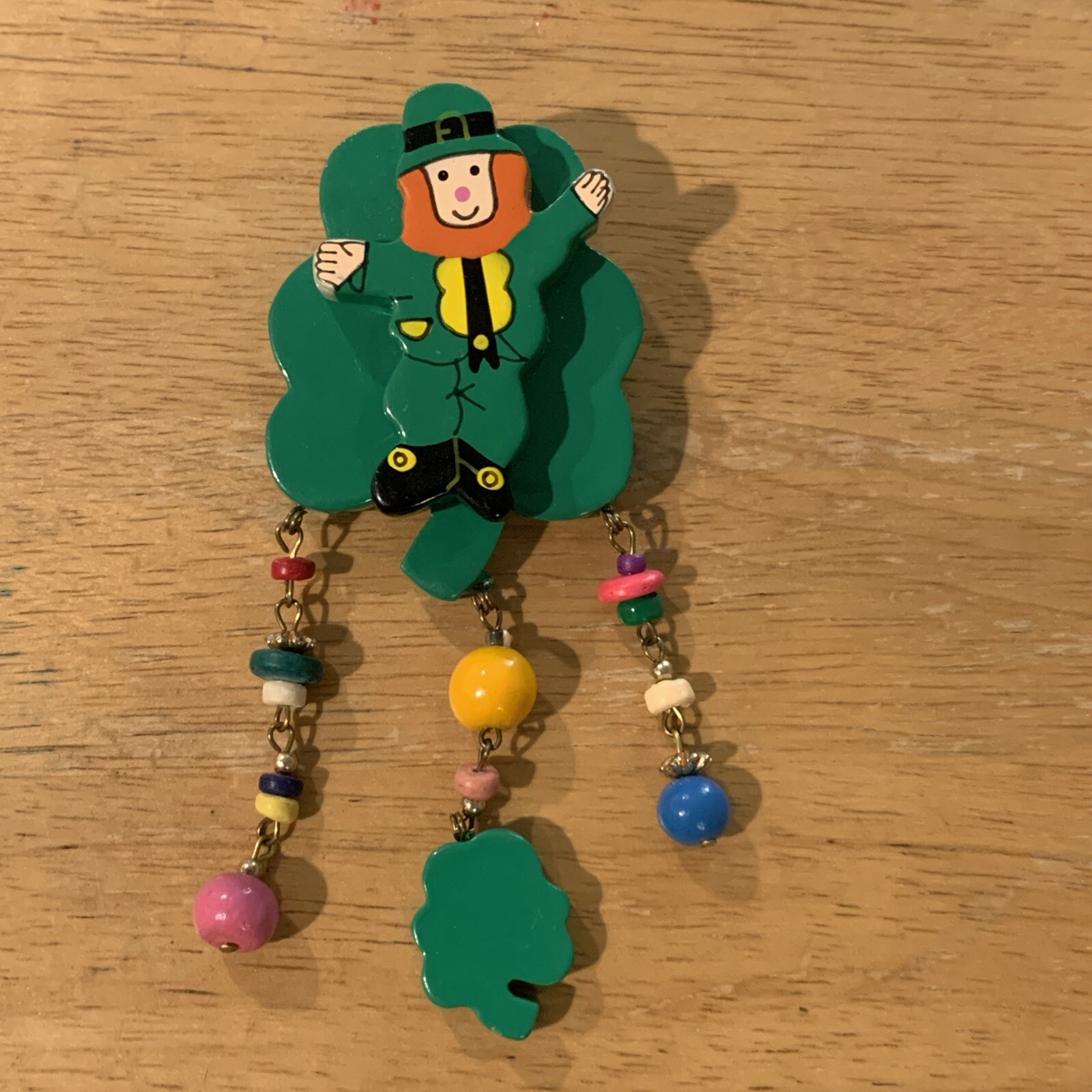 Wooden St Patrick’s Day Leprechaun Shamrock Dangle Charms Brooch