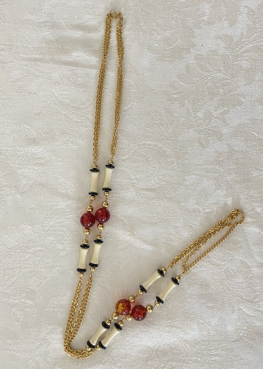 Vintage 24” Gold Tone Black, Cream & Amber Colored Beads Necklace