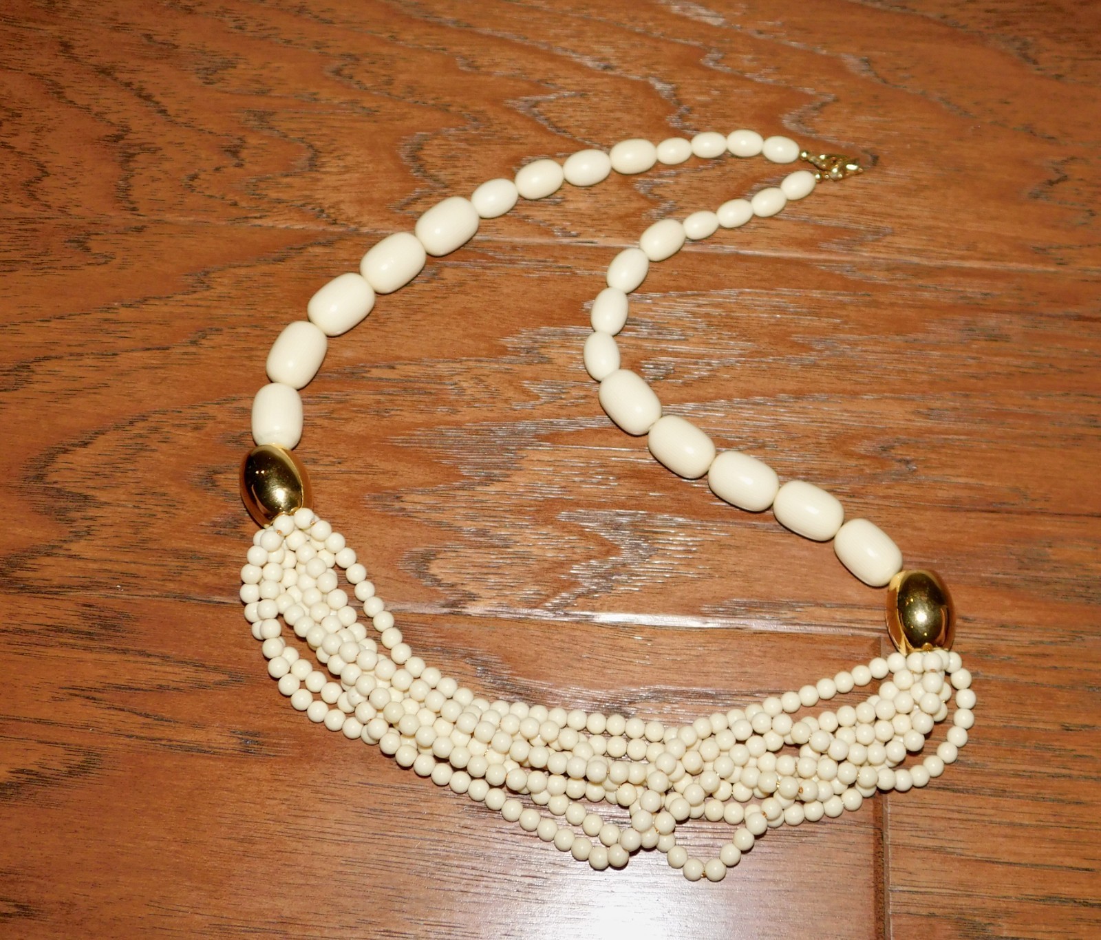 RARE! Napier Ivory/Gold Statement Necklace 30″ Oblong Beads Graduated MCM