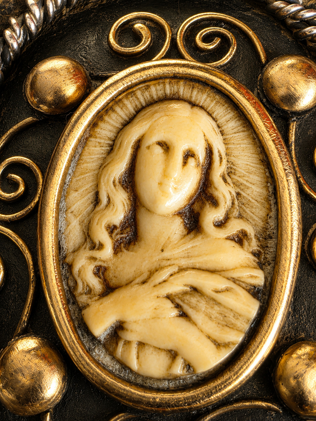 Antique Gold Silver Religious Pendant Virgin Mary Malachite Large Rare
