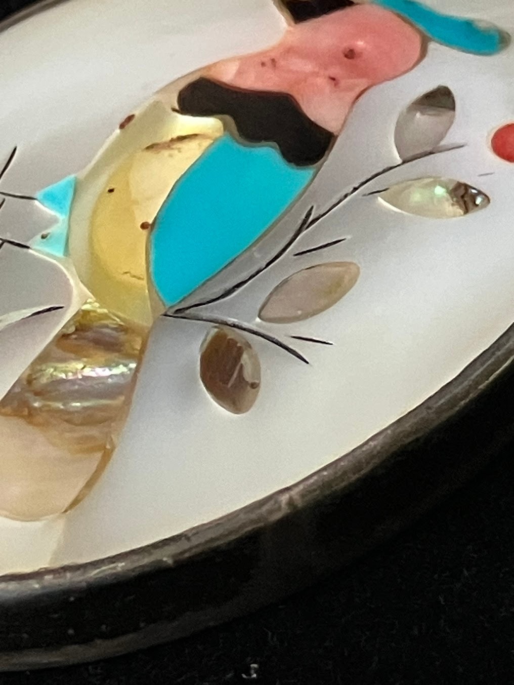 Vintage Multi Stone Inlay Pendant Bird Mother of Pearl Sterling Signed READ