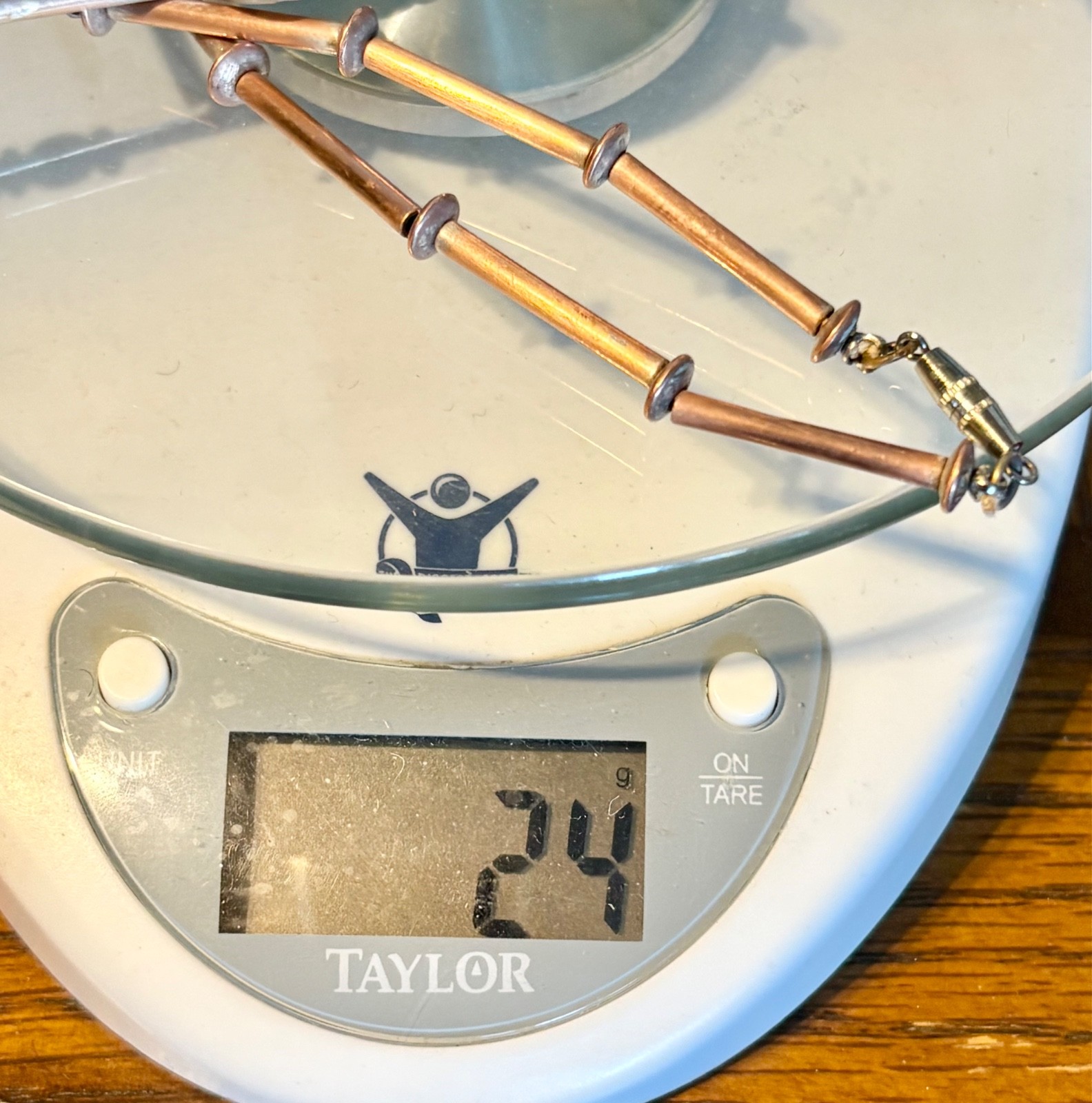 VTG. Unusual Copper Tubing & Mother of Pearl Fish Fetish Necklace, 32”, 10 Fish