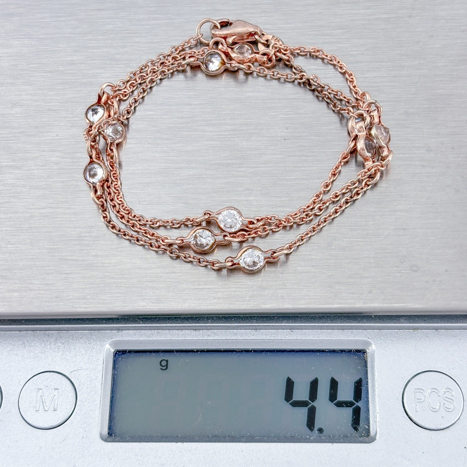 Vintage Sterling Silver 925 Rose Gold-Tone Cubic Zirconia Station Necklace 16″