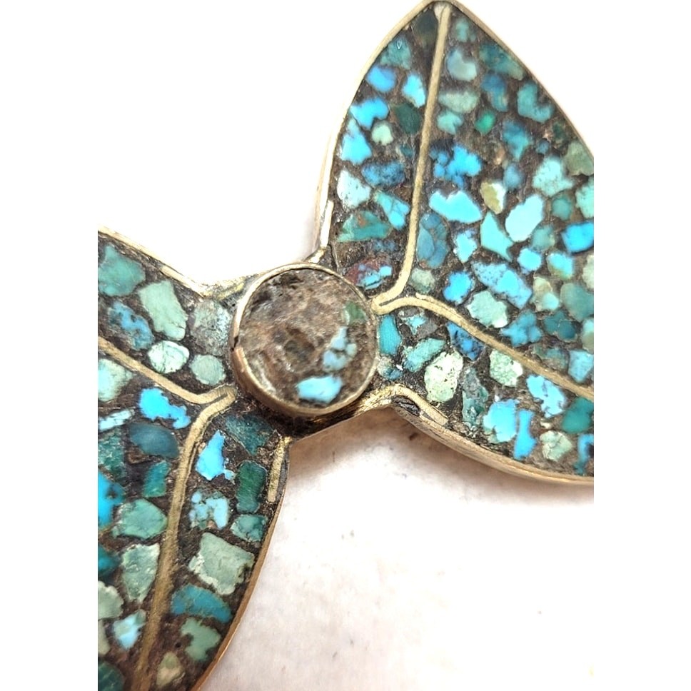 Vintage Mid Century N. India Turquoise Mosaic Chip Inlay Bow Brooch Southwestern