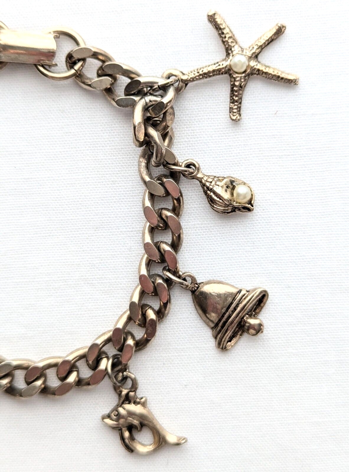 Charm Bracelet Starfish Ship Conch Shell Charms Curb Chain Vintage Jewelry 7″