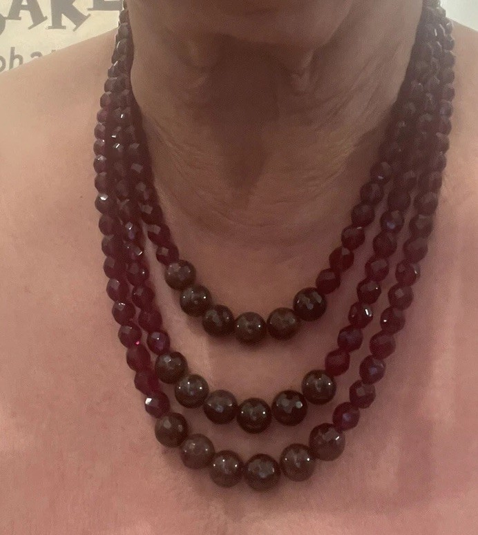 Retro Bordeaux Garnet Czech Fire Polished Faceted Crystal Bead 3-Strand Necklace
